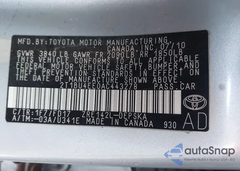 2010 Toyota Corolla S из США, поврежденный, VIN 2T1BU4EE0AC443278